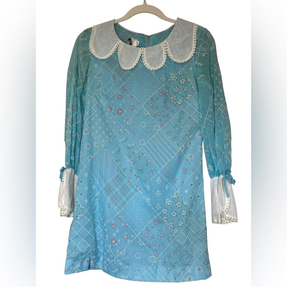 Vintage 60s Ferri Petites California Patchwork Print Mini Dress Peter Pan Collar